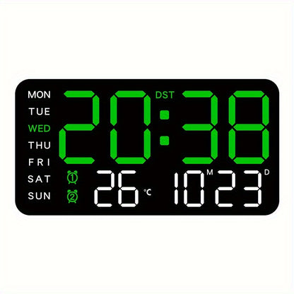 Voice controlled LED wall clock with dual alarms, USB powered, temperature display, adjustable brightness, and sleek black design for home and office.