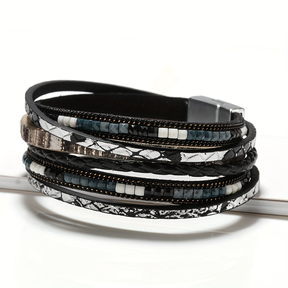 Rustic-chic, handmade layered faux leather bracelet featuring a magnetic alloy clasp - a classic addition to any vintage-inspired wardrobe, perfect for bohemian fashionistas.