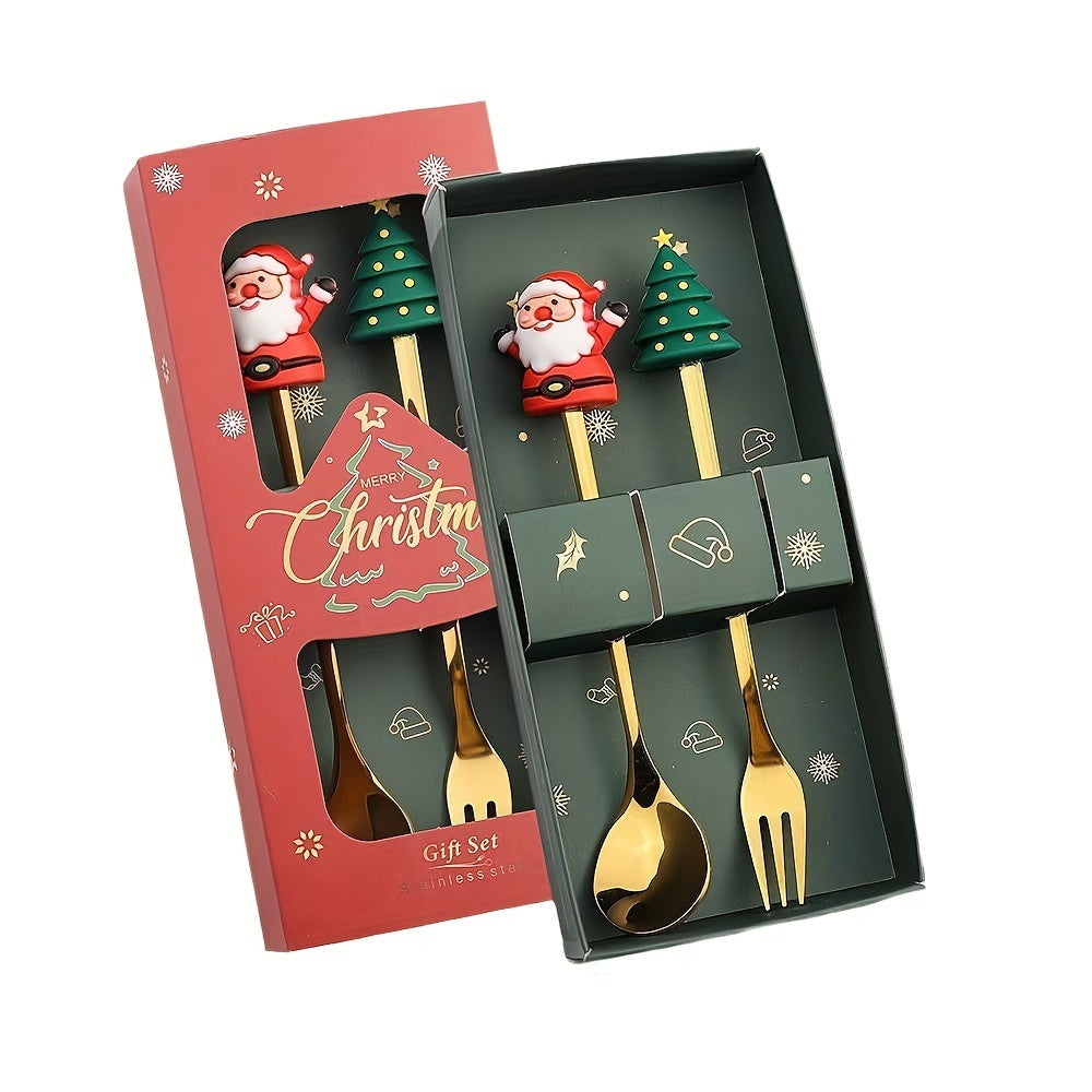 Christmas-themed stainless steel flatware set in festive gift box with decorative handles, perfect for holiday dinners.