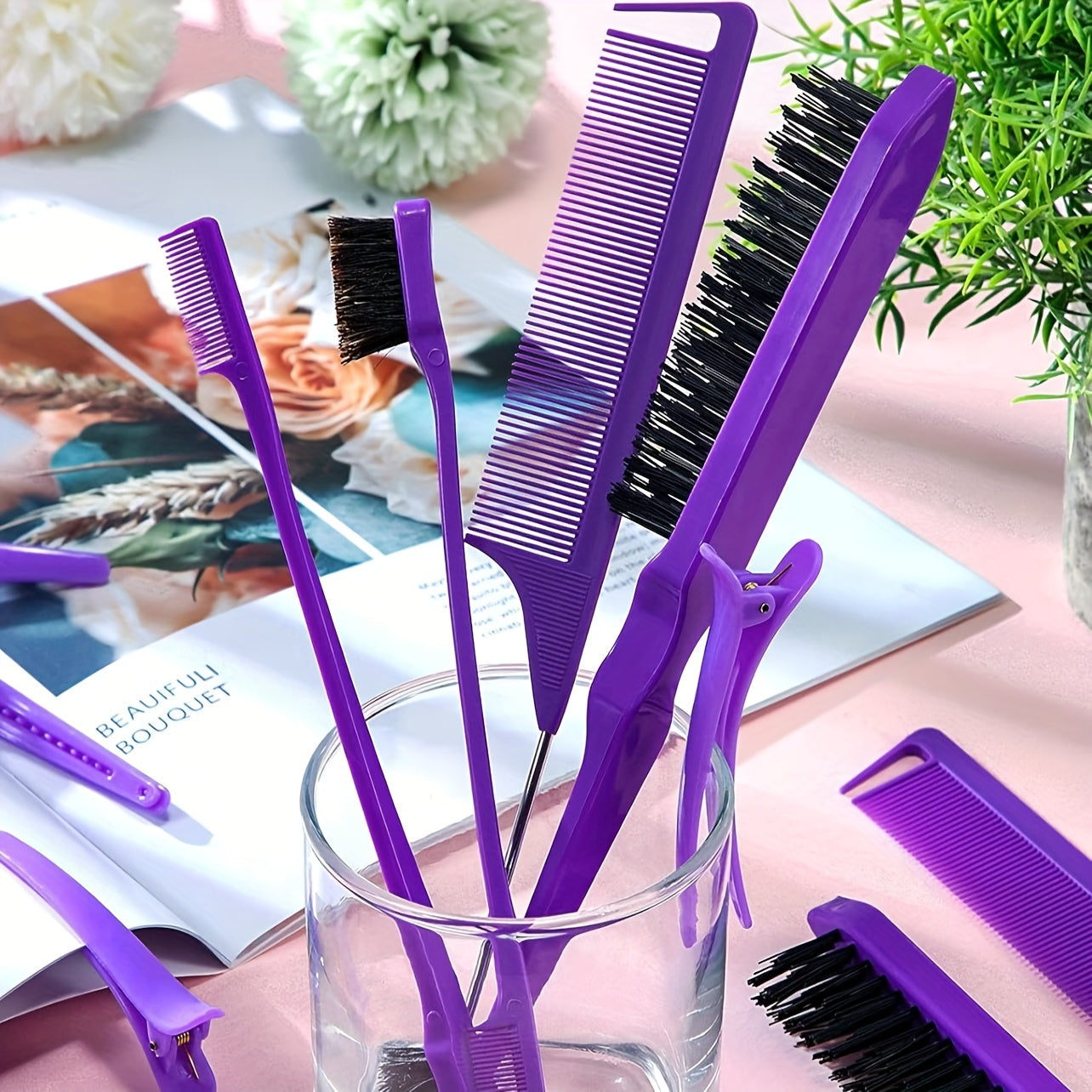 Set of 12 hair styling combs including detangling hair brush, silicone scalp massager shampoo brush, detangler brush, teasing hair brush, comb edge brush, and hairdressing spray bottle for hair styling tools.