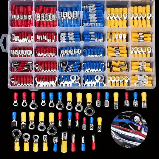 102-piece universal electrical crimp terminal set with assorted connectors for automotive and marine wiring, uncharged and battery not included.