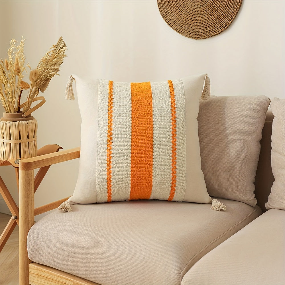 One piece Bohemian Chic Fringe Pillow Cover with Geometric Pattern in Orange, Beige & White. Made from Stain-Resistant Polyester with Zippered Square/Rectangular Cushion Case for Living Room Sofa Decor. Machine Washable, perfect for Throw Pillows on