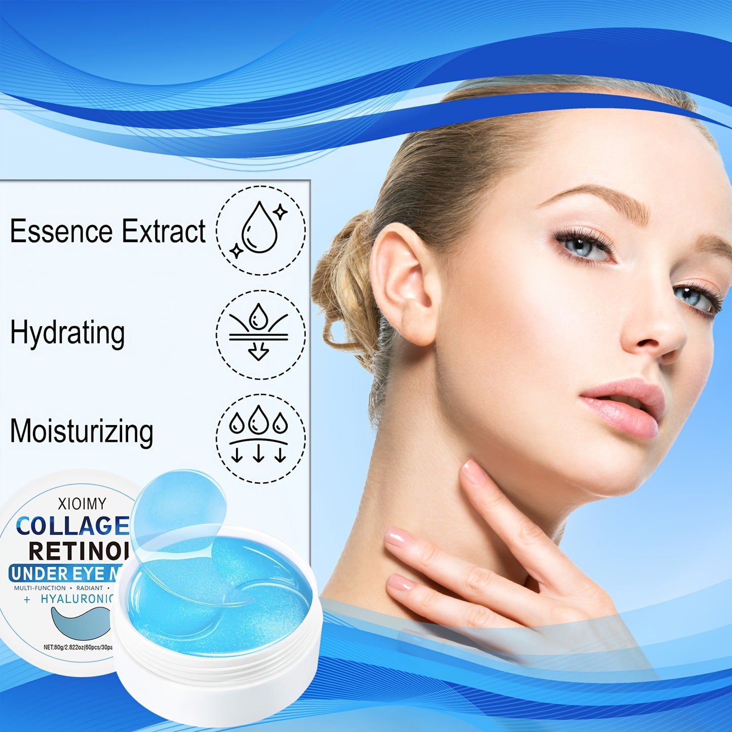 60pcs Collagen and Retinol Hydrogel Eye Mask for powerful moisturization, firming, and smoothing eye skin.