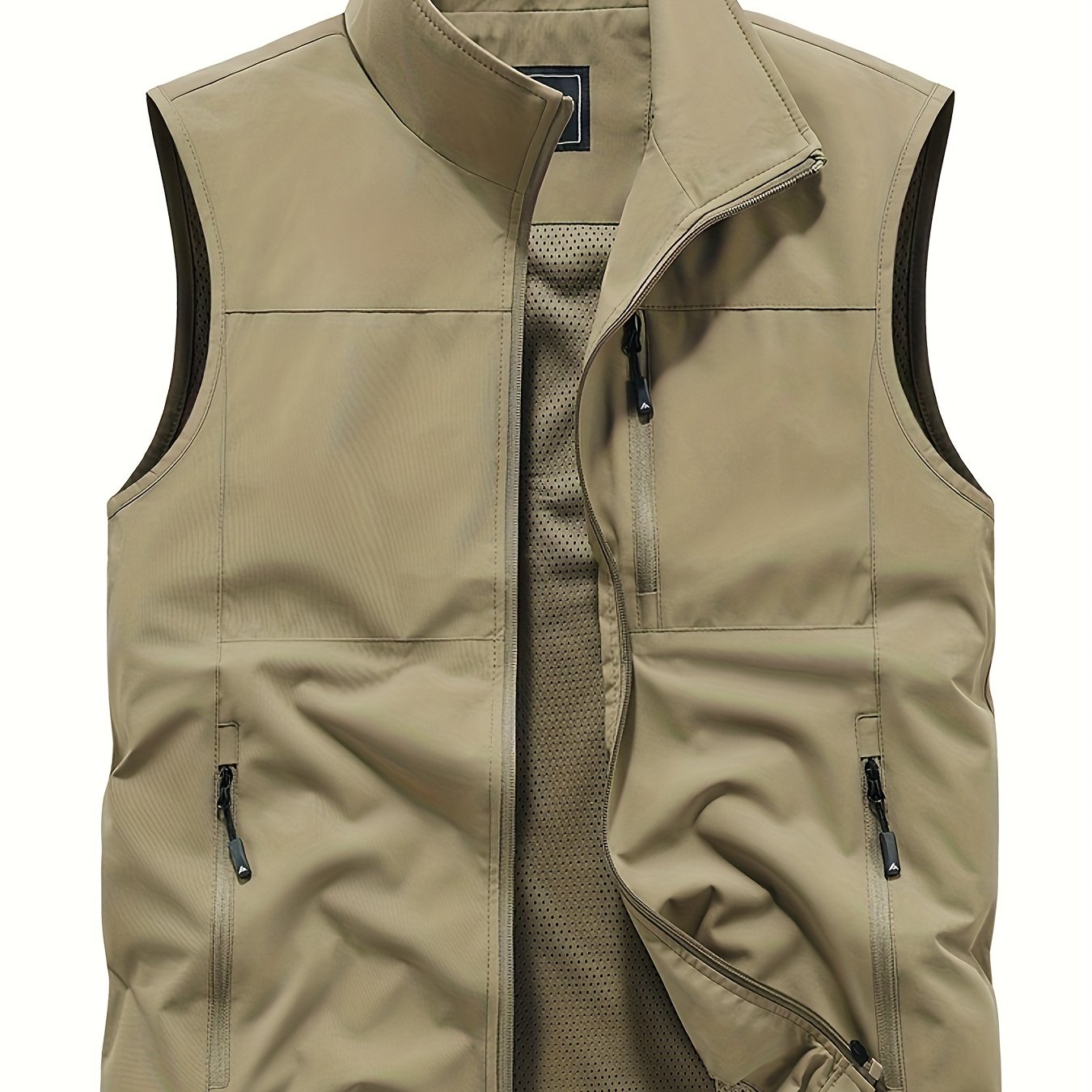 Polyester Sleeveless Vest for Men: Black, Multi-Pocket Design, Zipper Closure, Mesh Lining - Ideal for Spring/Autumn Outdoor Wear.