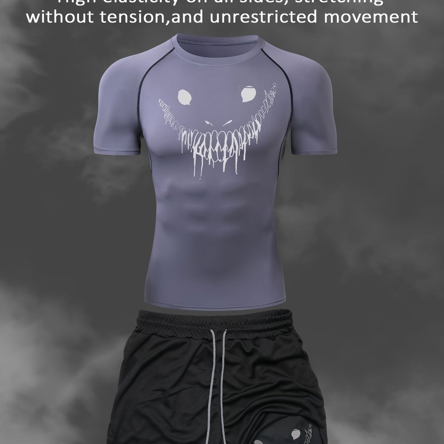 Men's Quick-Dry Athletic Set: Smile Print T-Shirt & Multi-Pocket Shorts for Gym, Running & Outdoor Activities