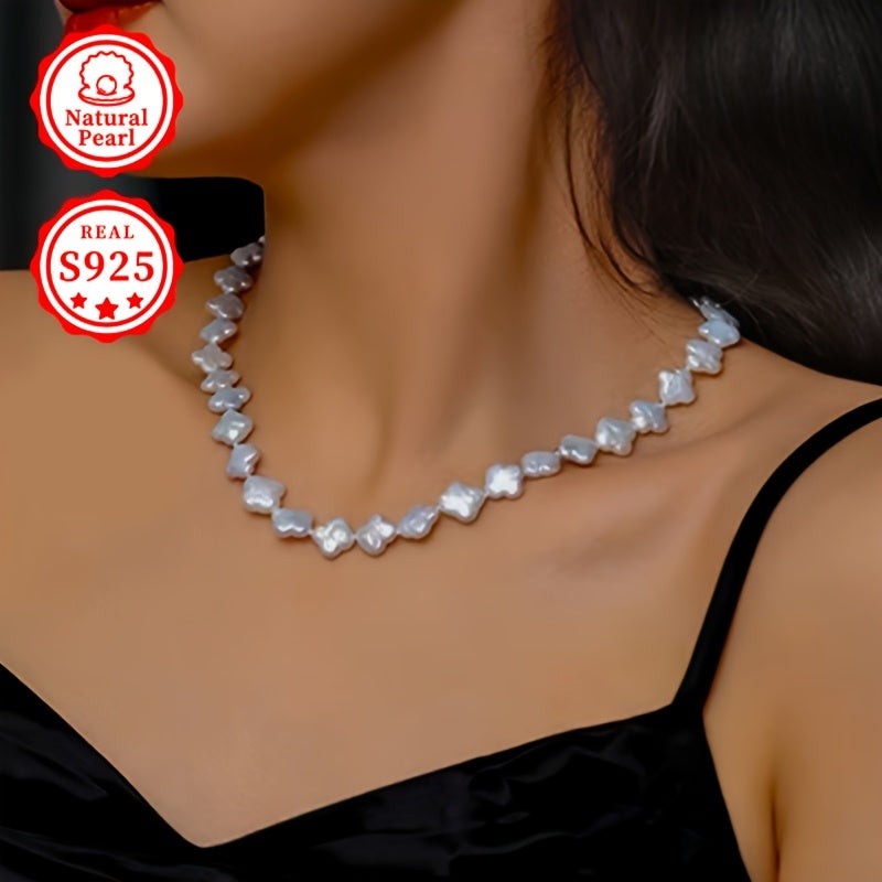 Introducing a Fashionable Women's S925 Silver Necklace with Natural Freshwater Baroque Pearls, a Stunning Pearl Necklace measuring 43+5cm. The Design Showcases an Array of Colors and Patterns, with Natural Growth Marks, or Minor Imperfections, adding