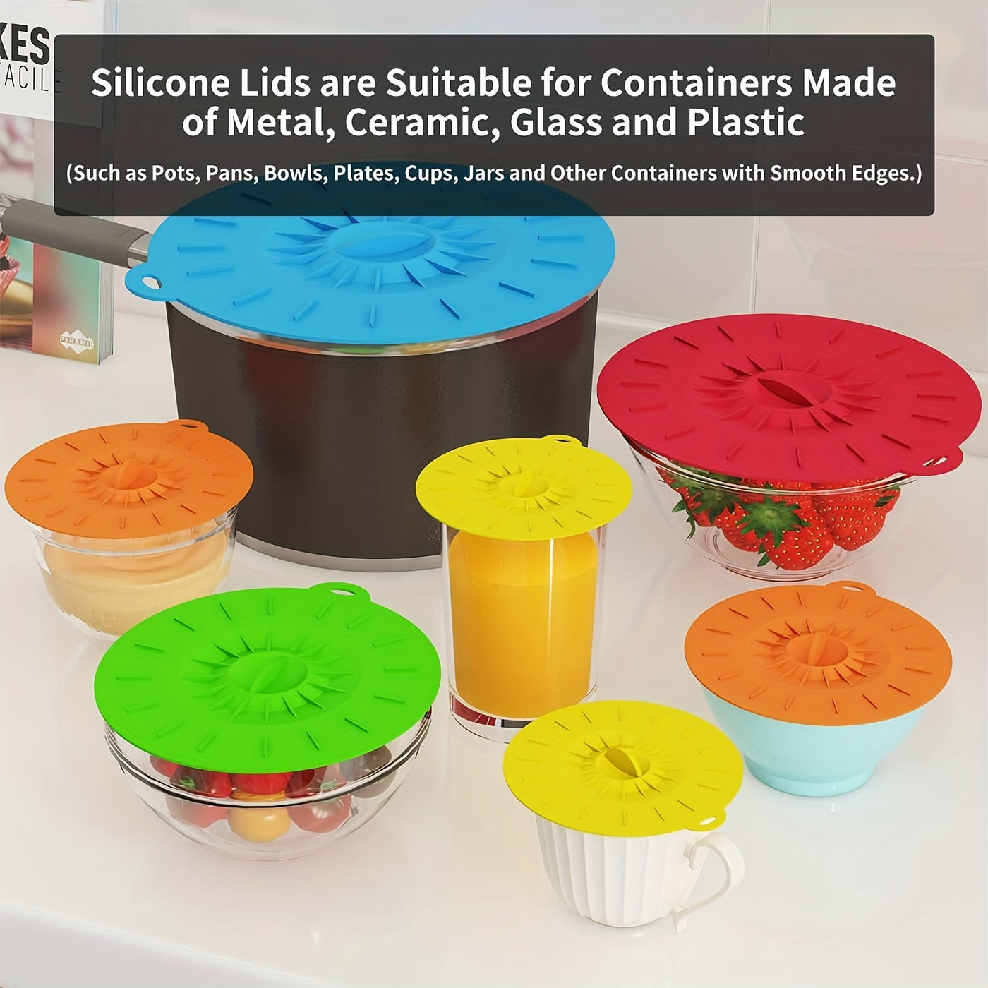 Set of 5 Silicone Lids - Durable and Eco-Friendly Covers for Bowls, Pots, and More - Safe for Heat, BPA-Free, and Dishwasher-Friendly - Ideal for Microwave, Oven, and Fridge Use - Convenient Hanging Buckle for Easy Storage.