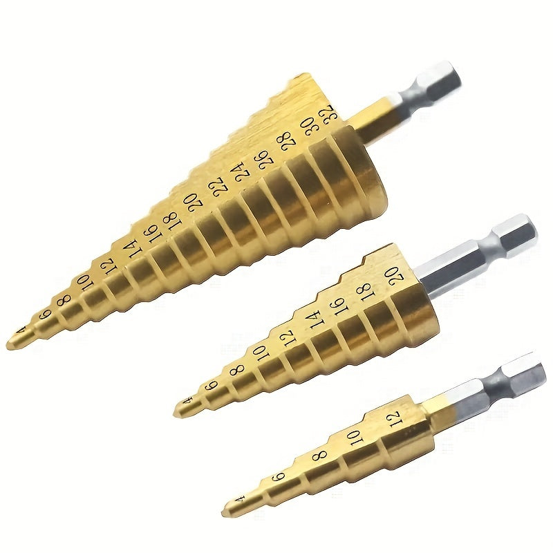 Titanium step drill bit for wood and metal cutting, ranging from 4 to 32mm, featuring high-speed steel and hex head design.