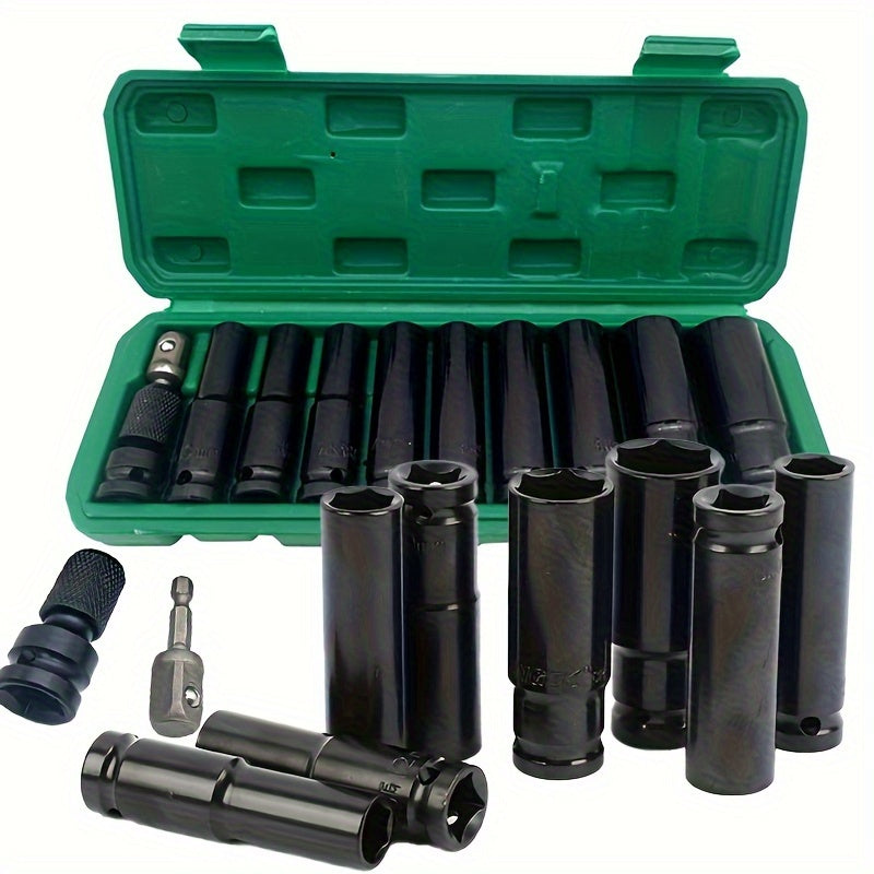 11 piece 1/2in. Impact Power Wrench Socket Adapter Set with 10-24mm sockets, made of carbon steel and includes a portable storage case.