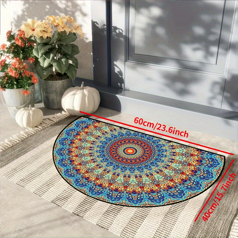 Mandala Flower Half Round Doormat - Non-slip, Machine Washable Polyester - Indoor/Outdoor Bedroom Hallway Patio Entryway Carpet - Photo Prop Gift Available in Various Sizes: 15x23, 19x31, 23x35, 31x47 inches.