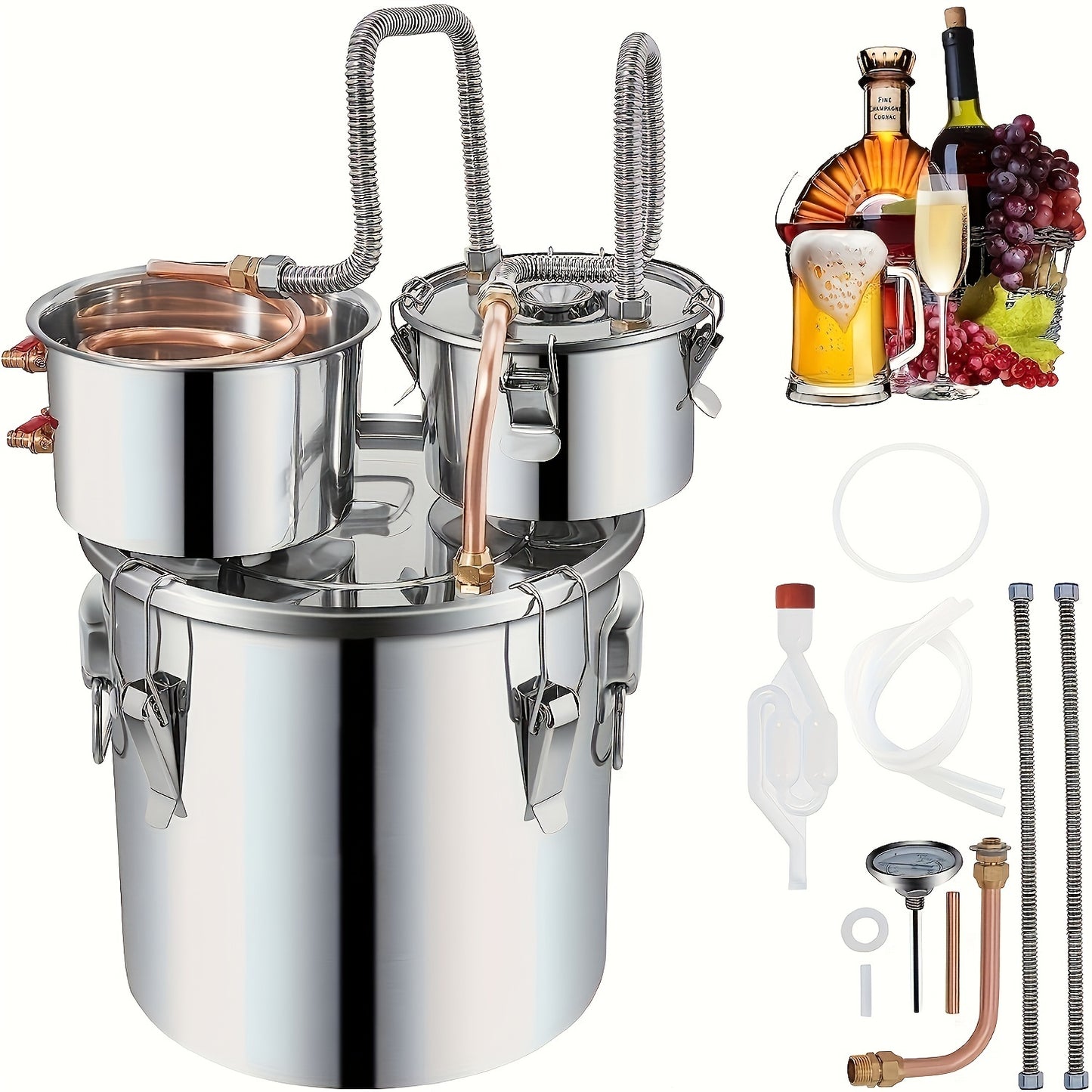 3 Gallon stainless steel alcohol still with copper tube, thermometer, water pump, double thumper keg - DIY home brewing kit for whiskey, wine, brandy.