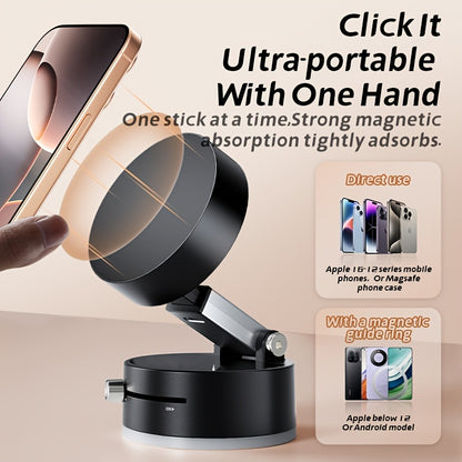 A versatile vacuum suction cup mobile phone holder with retractable and foldable double-sided magnetic suction. Ideal for use in cars, offices, homes, and on glass, metal, and porcelain