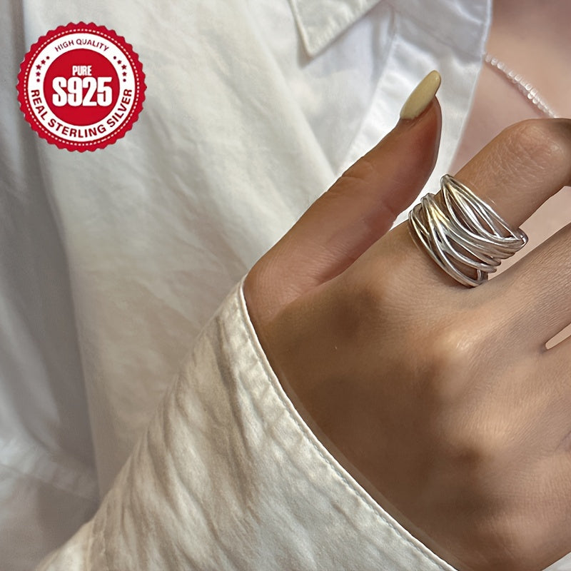 Luxurious S925 Sterling Silver Matte Wide Ring with Adjustable Open Design, Perfect for Everyday Wear or Gifting. Comes in Anti-Tarnish Gift Box and Weighing 0.25oz. Suitable for All Seasons and Resistant to Oxidation.