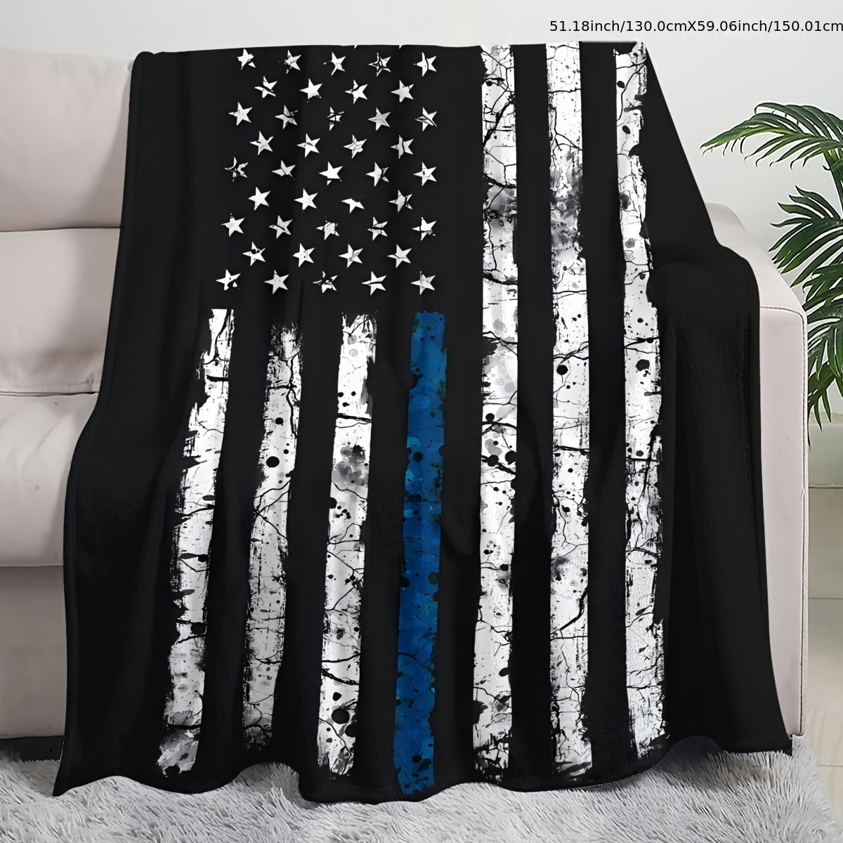 One Thin Blue Line American Flag Flannel Print Throw Blanket, Suitable for All Seasons, Easy to Clean in Washing Machine, Modern Design, Versatile Use, Made of Soft Fabric, Weighing 200-250g, Ideal for Bedroom, Living Room, or Sofa, Great Gift Option.