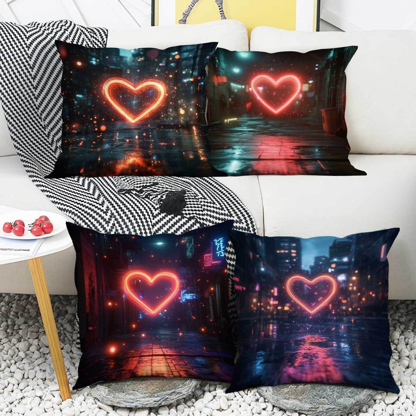 4 Urban Night Scene Heart Cushion Covers in Contemporary Fantasy Style made of Polyester with Zipper Closure. Easy to Machine Wash, providing All-Season Comfort for versatile sleeping positions. Suitable for use in Office, Bedroom, Balcony, Car, Sofa, or