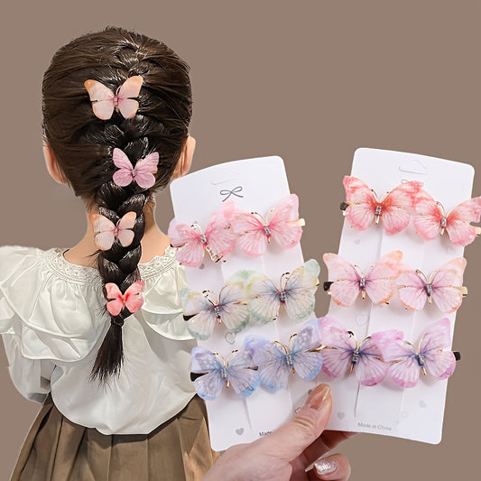 6 cute flying butterfly hair clips with rhinestones in gradient colors for kids.