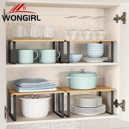 Pair of WONGIRL adjustable kitchen cabinet organizer shelves, stackable and expandable, made of metal and wood.