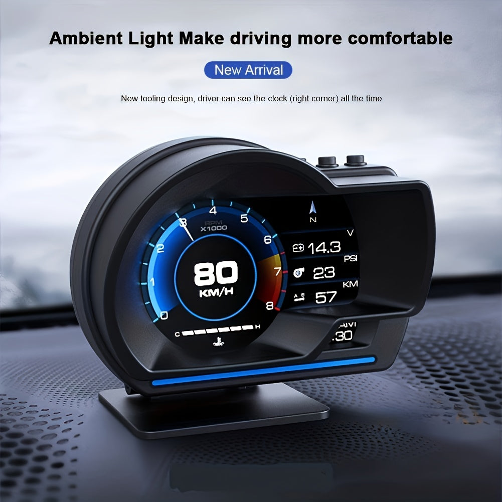 New smart OBD gauge with adjustable bracket and ambient light for clear trouble code speedometer.