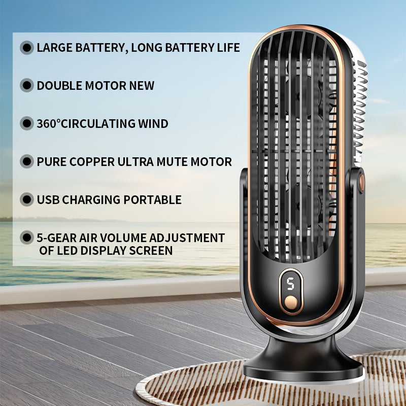 Wireless USB Desktop Fan with 5 Speeds, 360-Degree Oscillation, Energy-Efficient and Quiet, Includes 1200mAh Battery, Ideal for Indoor and Outdoor Use, Travel, and Dormitories.