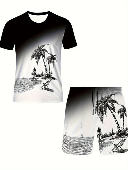 Tropical beach sunset lounge set with 3D palm tree print crew neck tee and drawstring shorts, perfect for casual home wear, vacation, or workout in spring/summer. Made of comfortable