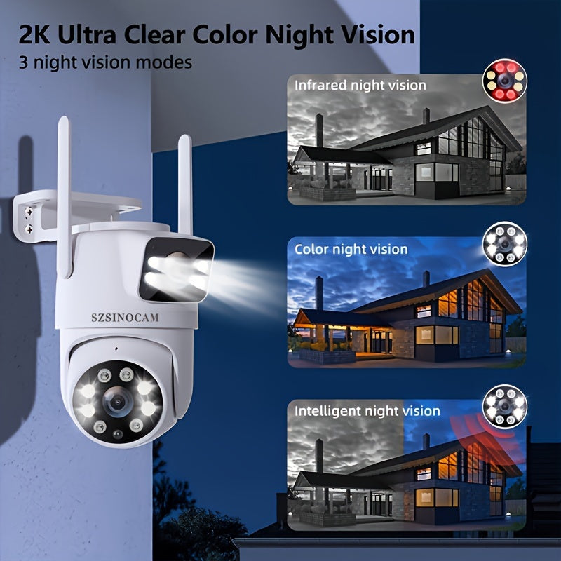 1pc SZSINOCAM 720P HD Wireless Outdoor Security Camera with dual lens, 2K ultra clear night vision, app control, USB charging, 360° pan-tilt, motion detection, two-way audio, and Wi-Fi