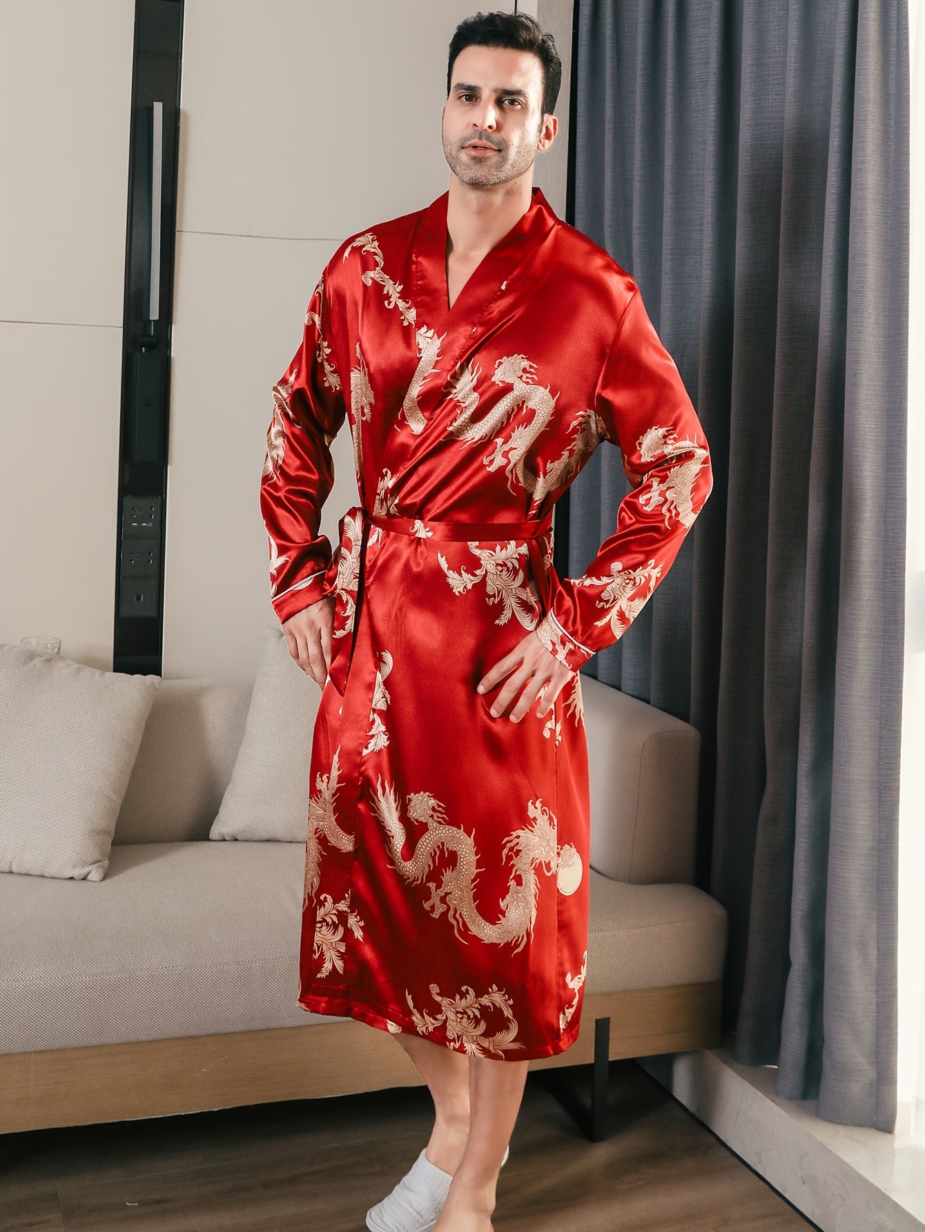 Men's long-sleeve robe with golden dragon print, ideal for loungewear or pajamas in any season.