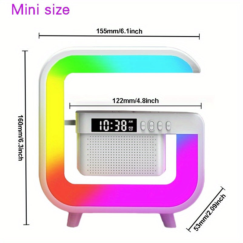 Multifunctional wireless music station with atmosphere light, alarm clock, 24-hour time display, wireless charging, TF card MP3 playback for use in home bedroom.