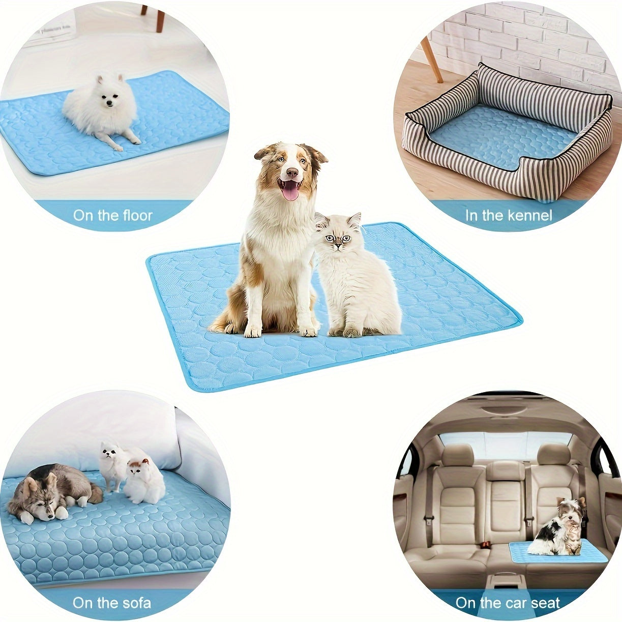 XL cooling pet mat for dogs & cats with non-slip, washable, scratch-resistant features. The gray mat with white zigzag pattern is waterproof and made of polyester to keep pets cool all