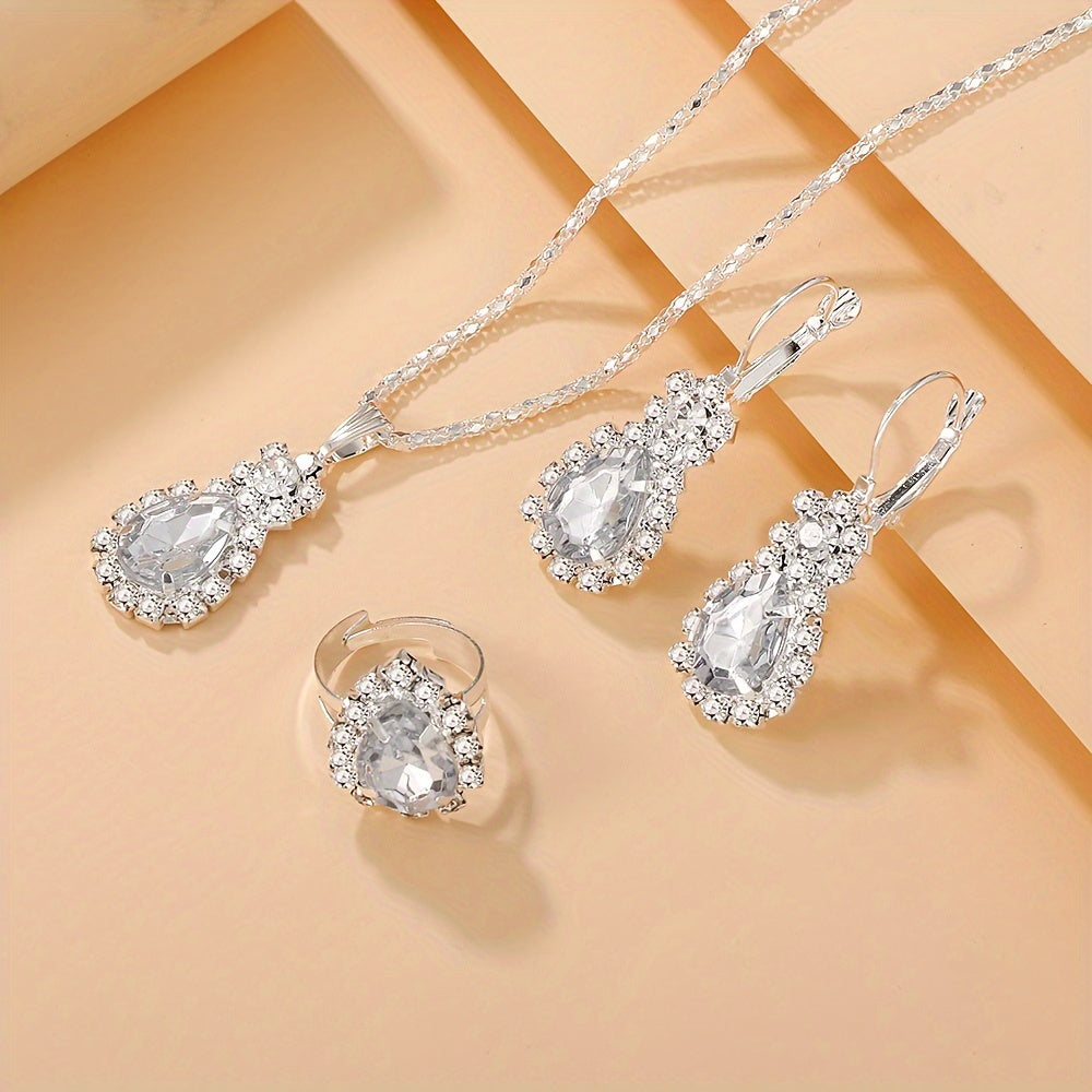 Simple and fashionable waterdrop shaped women's jewelry set includes 1 necklace, 1 ring, and 2 earrings, suitable for daily or vacation wear.