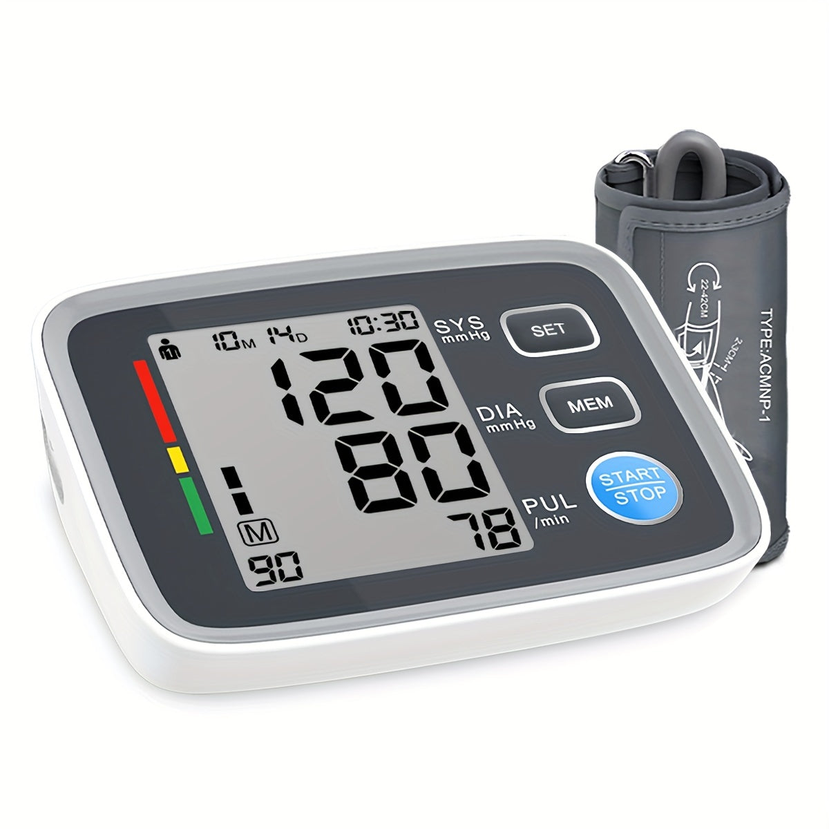 Home blood pressure monitor with automatic upper arm cuff and digital display, includes cuff for arm sizes 22.1-43.18cm.