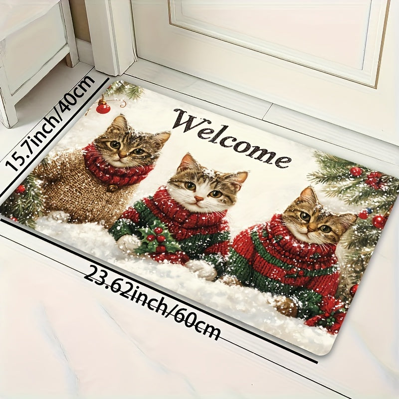 Welcome your guests with the festive 3 Cats Christmas Welcome Mat! This rectangular rug is 8mm thick and made of machine washable polyester with a PVC backing. Its durable construction allows it to be used indoors in doorways, kitchens, bathrooms, living