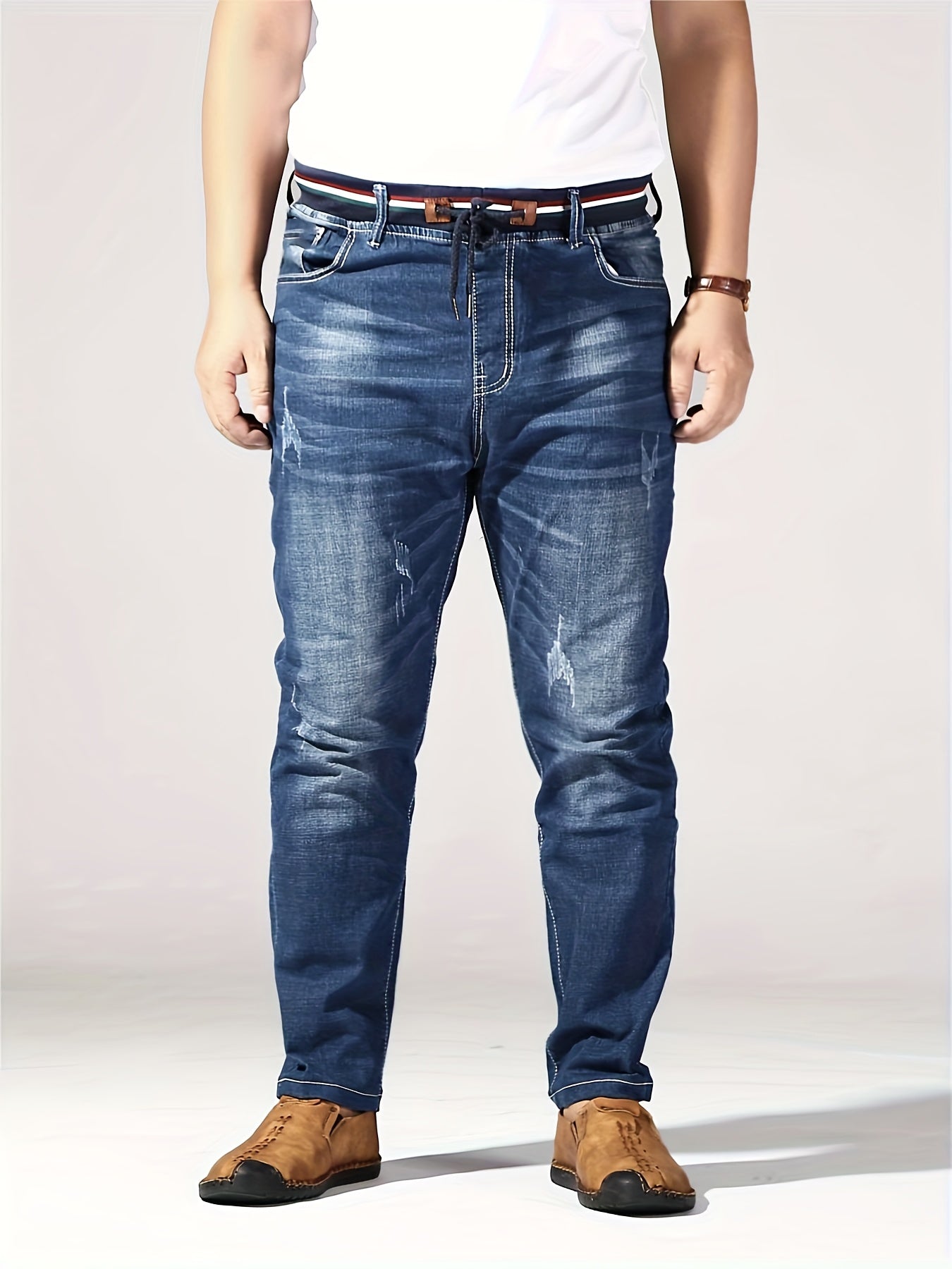 Plus Size Men's Slim Fit Jeans with Stretch Cotton Blend, Ribbed Waistband, Belt Detail, All-Season Denim