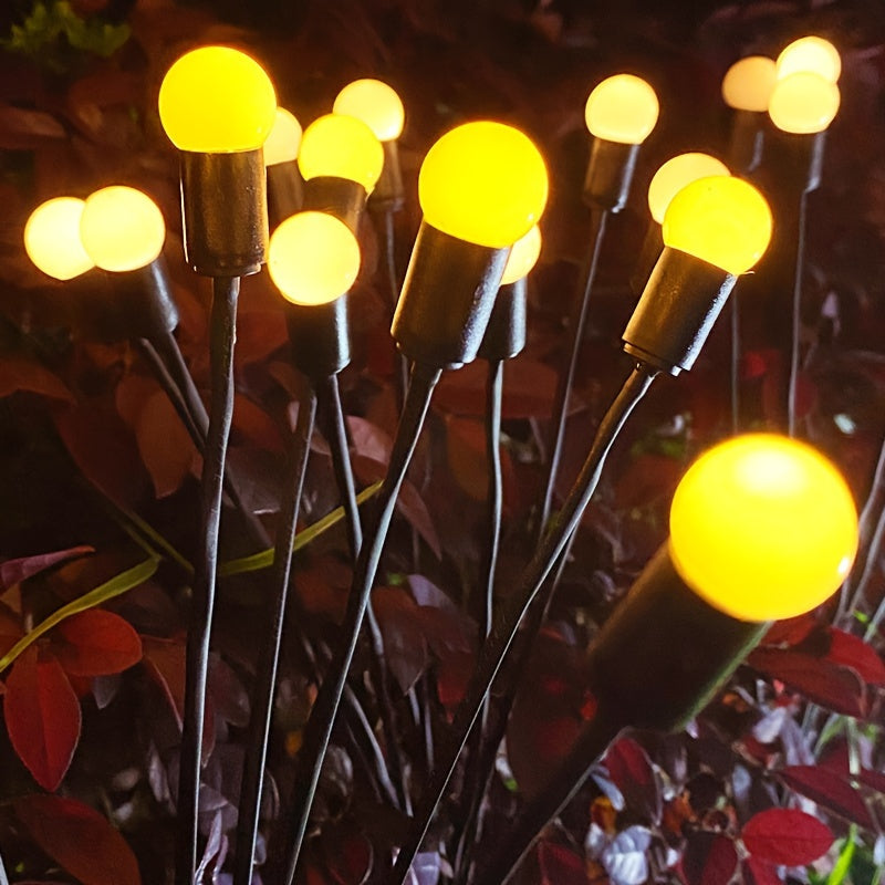 Solar LED firefly lights for outdoor garden decoration, ideal for parties, weddings, and landscapes. Available in packs of 4, 8, or 12 LEDs.