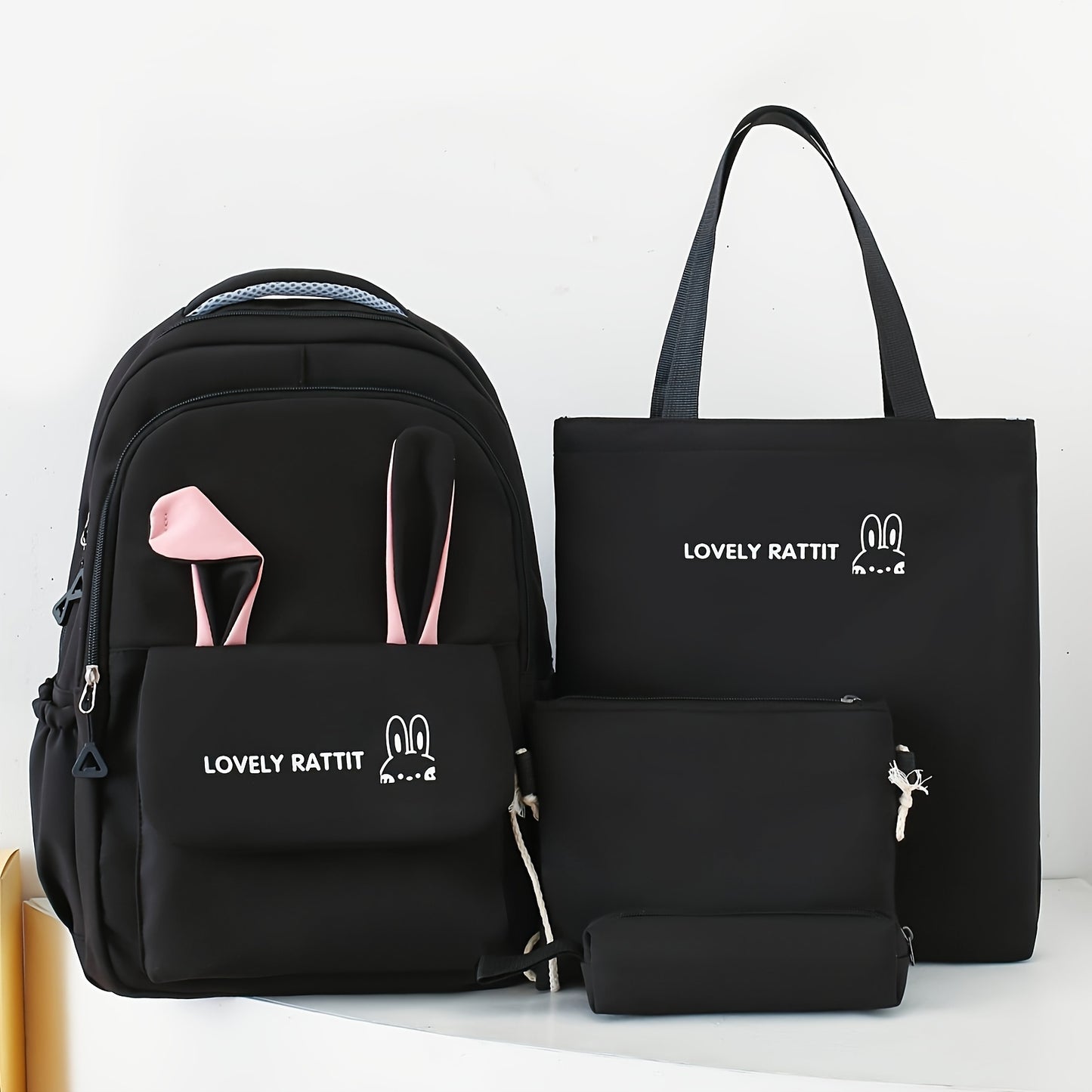 Women's backpack set with cute cartoon ears, lightweight and fashionable design. Includes 4-piece set with large capacity, zipper closure, and polyester lining. Origin: Baigou Production