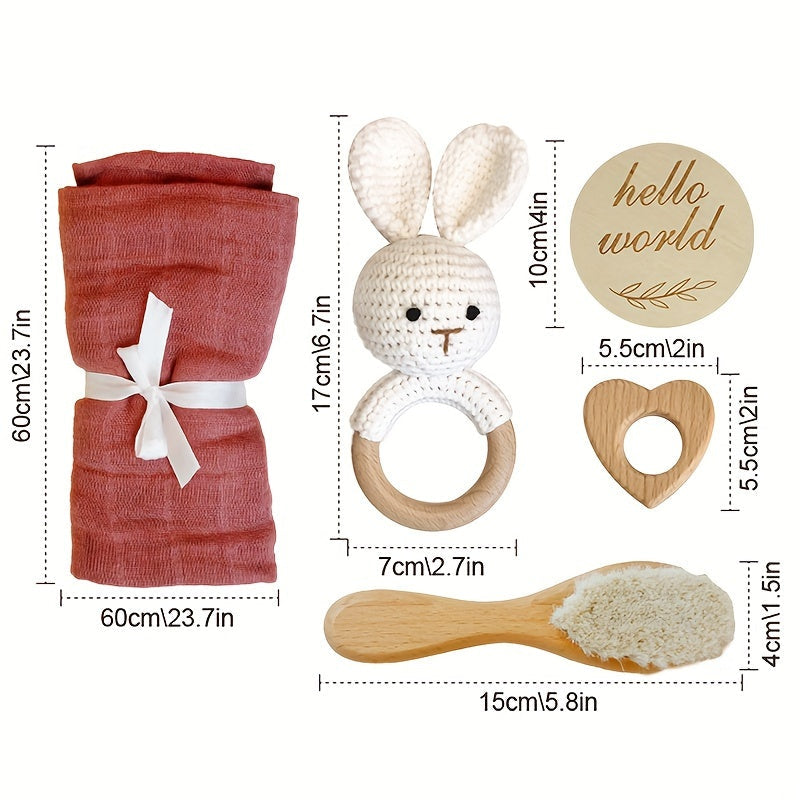 Handcrafted Baby Baptism Gift Set - includes an Organic Cotton Bamboo Bath Towel, Wooden Rabbit Rattle, Natural Wool Brush, "Hello World" Newborn Photo Prop. Perfect for Baby Shower and children aged 0-3 years old.