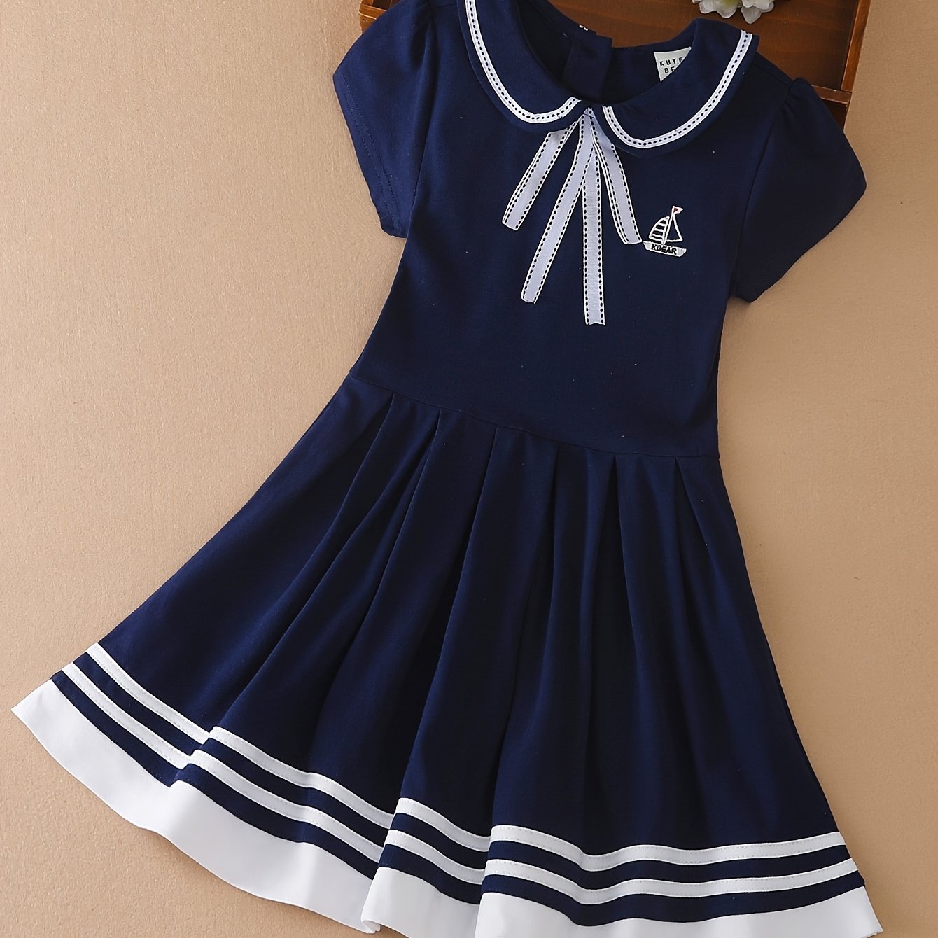 96% Cotton Girls Short Sleeve Dress with Collar Preppy Style for Summer Party Gift