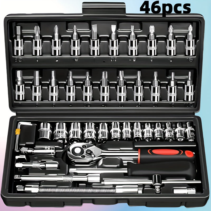 46-piece Chrome Vanadium Steel Mechanic Tool Set, includes heat-treated wrench kit, high torque, portable for car, bike, and motorcycle maintenance.