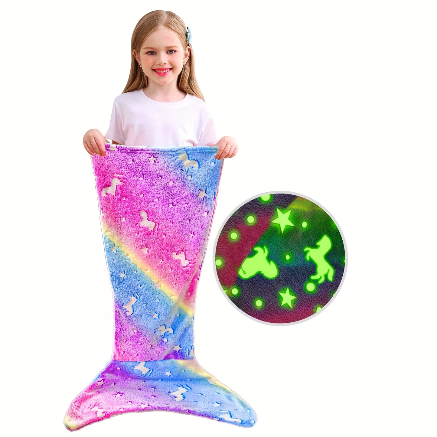 Soft flannel wearable plush mermaid tail blanket that glows in the dark, suitable for girls, teens, and adults. Ideal for all seasons, birthday gifts, nursery decor, unicorn sleeping bag, and kindergarten decor.