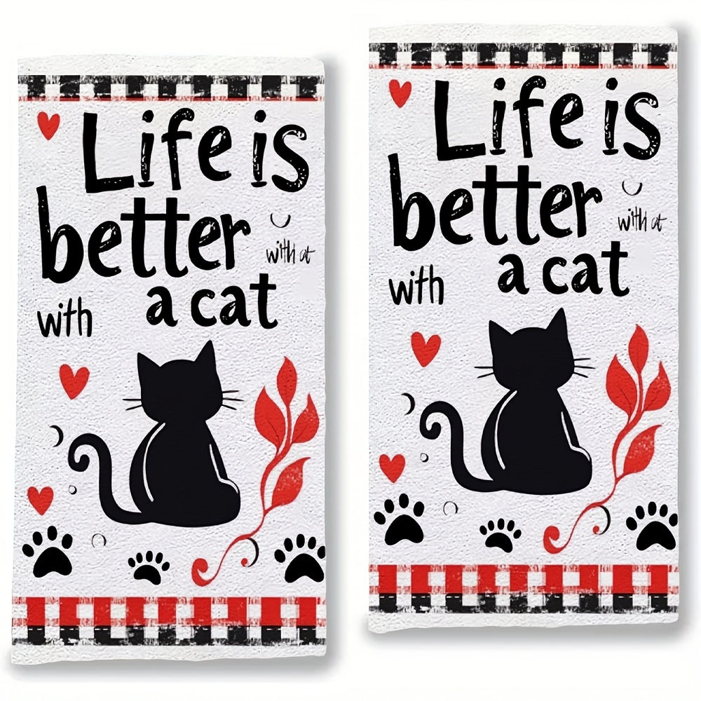 Get 2pcs of Ultra Soft Kitchen Towels featuring "Life is Better with a Cat" Text & Adorable Kitten Illustration - These Highly Absorbent Dish Hand Towels are Machine Washable and designed in a Contemporary Style, measuring 40.64x60.96 cm. Perfect for Cat