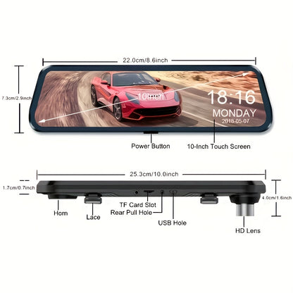 ZKCAMSPY 1080P front and 720P rear camera mirror DVR with touch screen. Magnetic mount, lithium-polymer rechargeable battery, 27.5FPS, 5V car plug power mode. Includes universal driver's