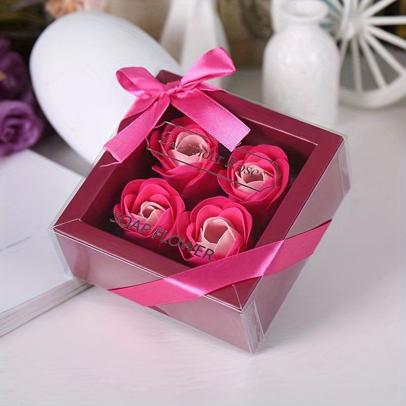 Gift box with 4 artificial rose soap flowers, ideal for Valentine's Day, Mother's Day, Christmas, or weddings.