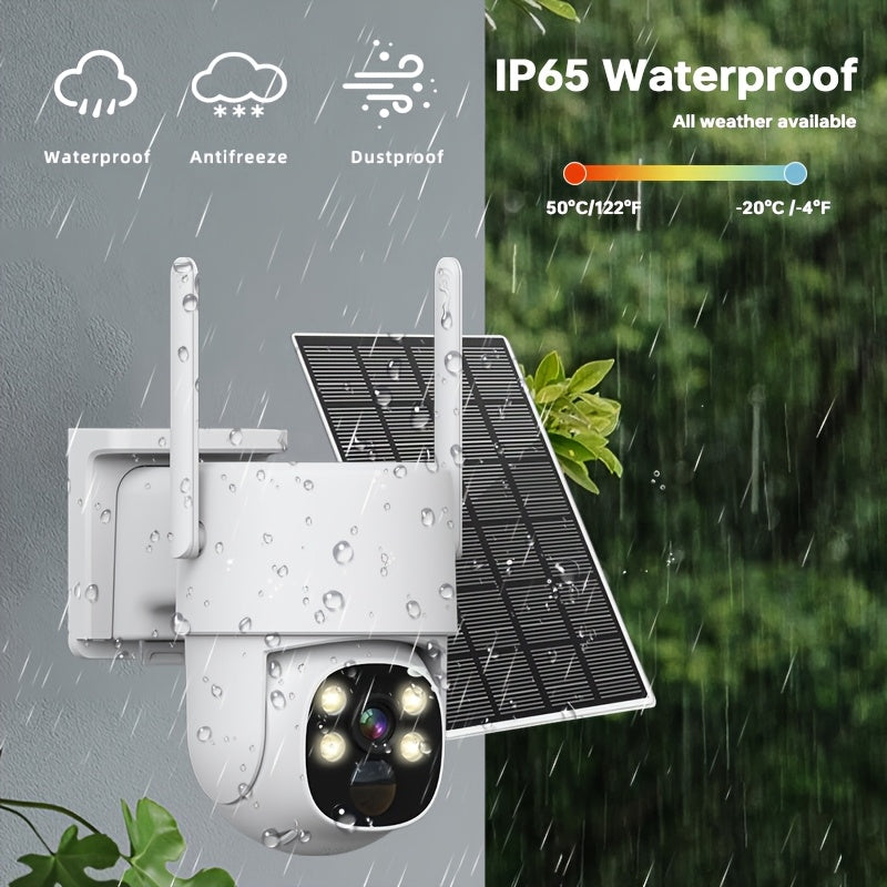 Introducing the ZHXINSD 4MP Solar-Powered Outdoor Security Camera, equipped with Wireless WiFi, 2.4G technology, Two-Way Audio, Color Night Vision, Motion Detection, Rechargeable Battery, USB Charging, and IP65 Waterproof rating. (SD/Cloud storage not