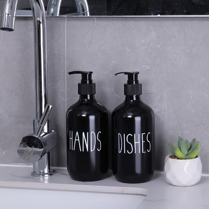 Set of 2 plastic soap dispensers for dish and hand soap, with refillable empty bottles for home decor and bathroom accessories.