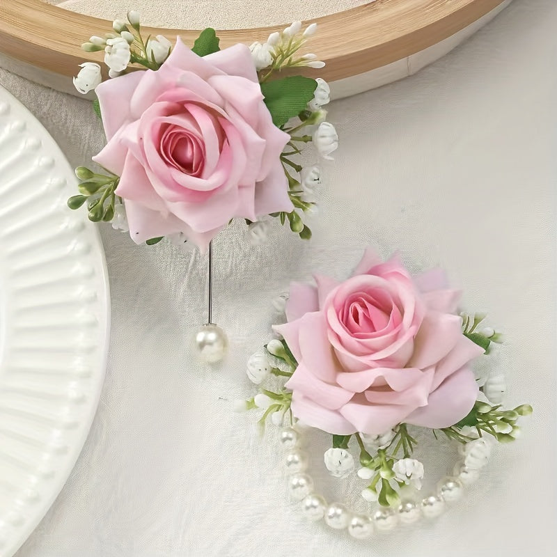 Bridal party accessories such as wrist and chest flowers resembling roses, suitable for bridesmaids, sisters, groomsmen, bride and groom, along with forest-inspired wrist flowers for a unique touch.