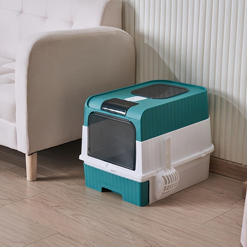 Enclosed cat litter box with deodorizing system made of PP material, fully sealed design for odor control, compatible with carbon transport, suitable for all cat breeds.