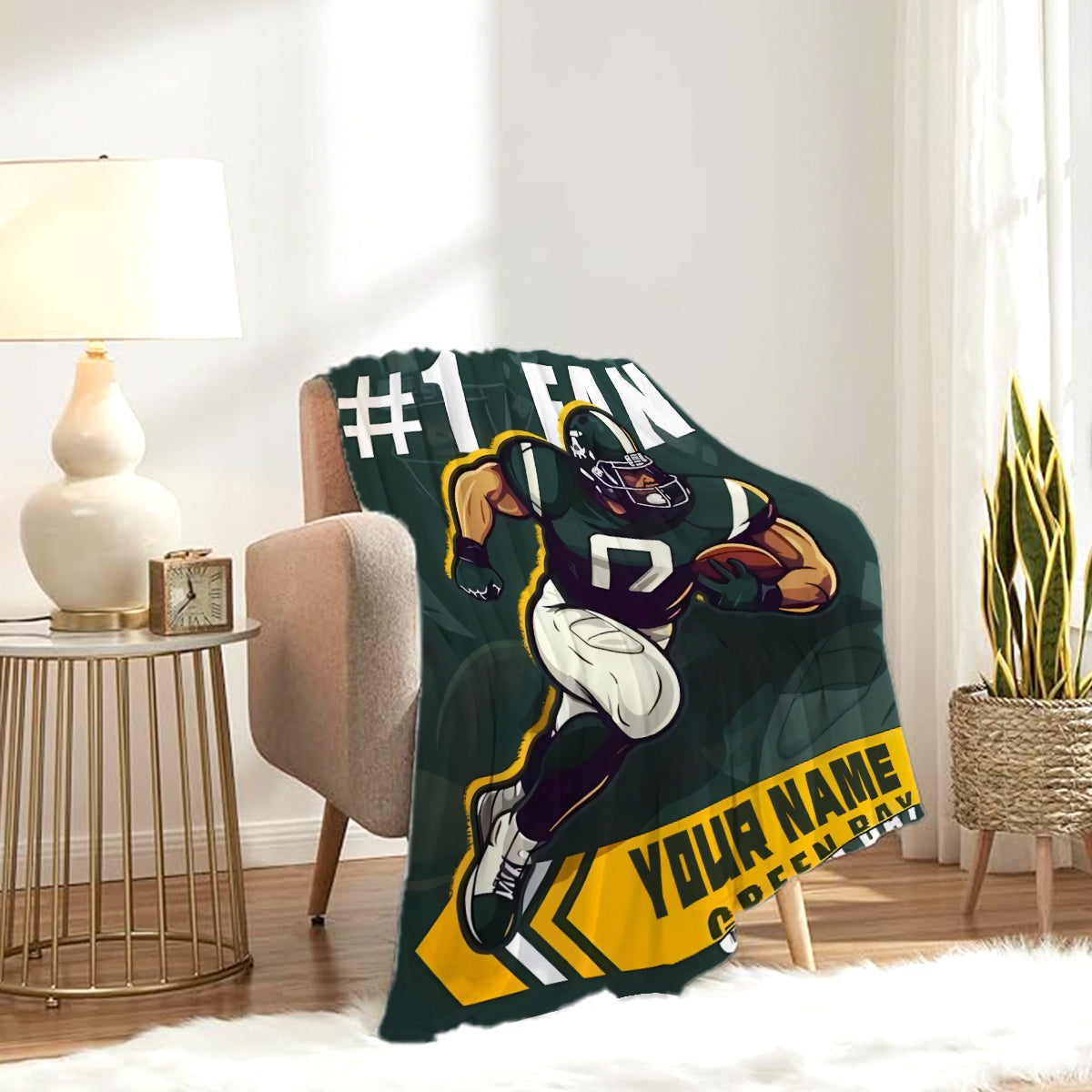 Personalized Green Bay Football Team Flannel Throw Blanket - Customizable Name Option, Luxuriously Soft for Home and Travel Décor