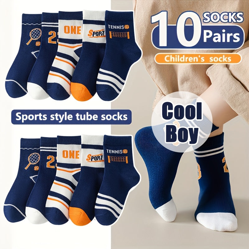 10 pairs of mid-calf length boys athletic tennis socks in blue with orange and white accents. Features a "ONE" design, perfect for all seasons. Hand wash only. Made of polyester blend. Cute