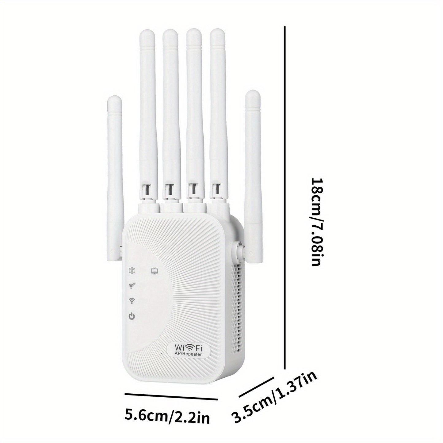 WiFi signal extender with 1200Mbps speed, dual-band 2.4G/5GHz, WiFi 6 support, 6 antennas, ideal for homes, malls, and cafes.