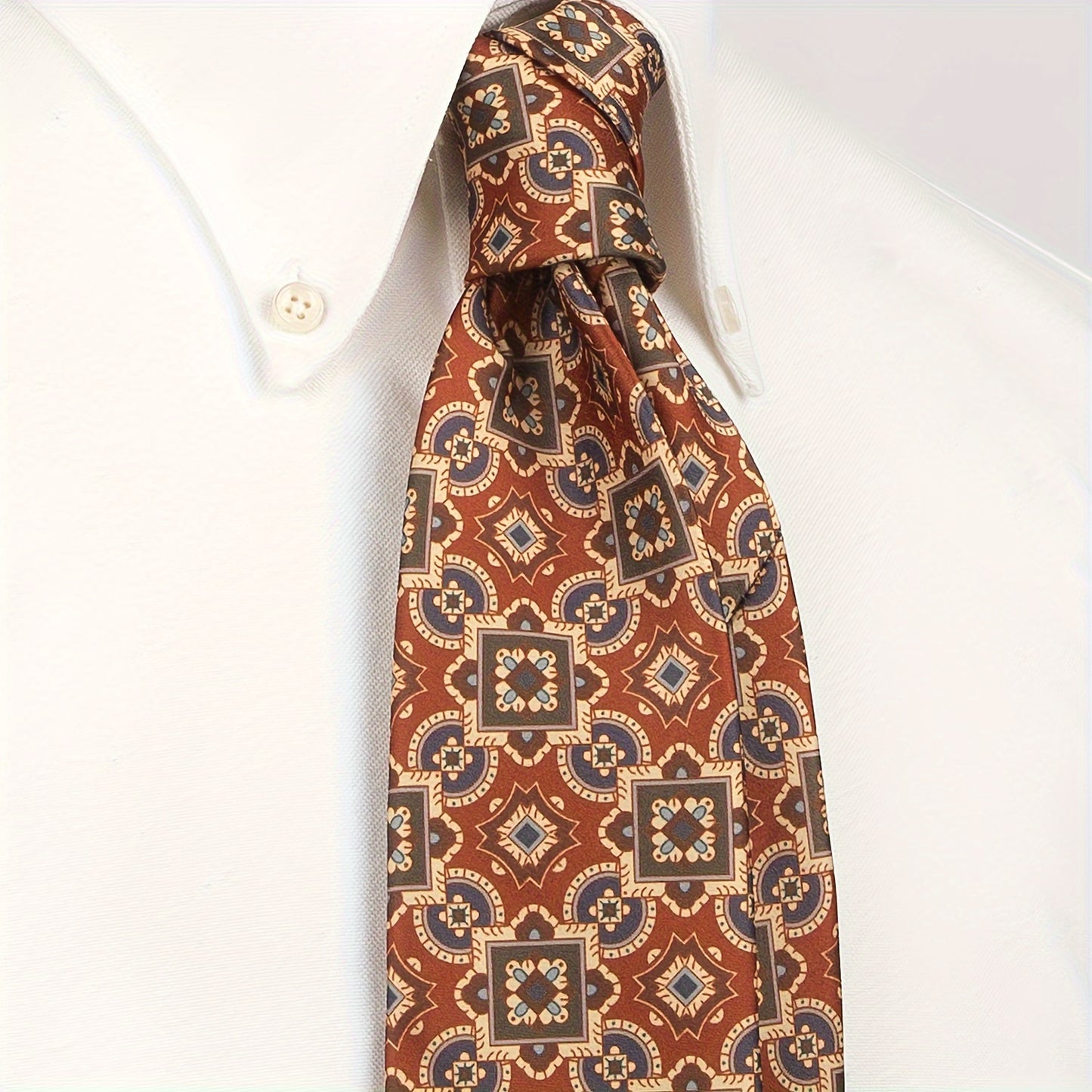 Men's vintage print necktie with abstract geometric pattern, casual hip hop street style, small floral design, Handmade in 8cm polyester, hand wash care instructions included.