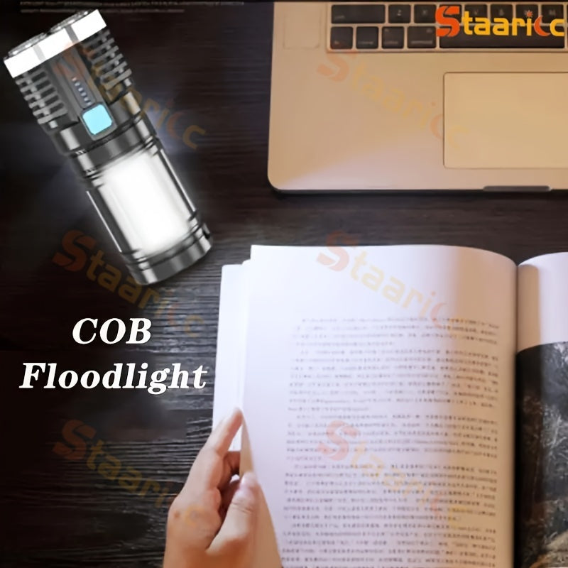 Staaricc LED flashlight with USB rechargeable COB side light, 4 modes, dimmable, push button control, IPX-4, ABS plastic, outdoor use, includes cable and 400mAh battery.